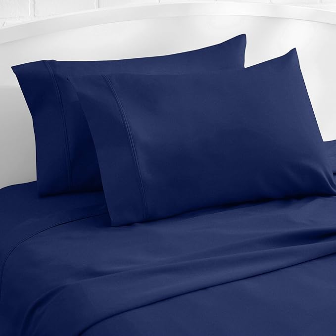 Amazon Basics 400 Thread Count 100% Cotton Pillow Cases, Soft & Breathable Sateen Weave, Machine Wash, Standard Size, 20" x 30", Navy, Set of 2