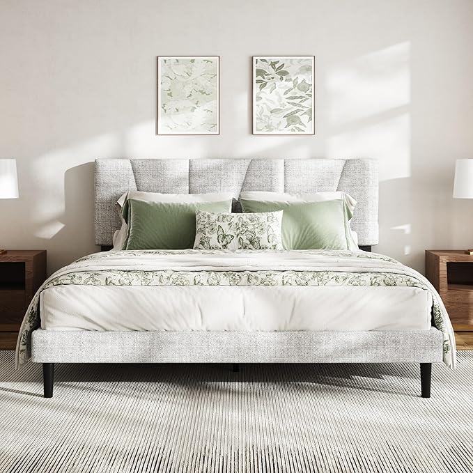 Full Size Bed Frame with Linen Upholstered Platform Bed Frame, Wooden Slats Support, Noise-Free Mattress Foundation, No Box Spring Needed, Easy Assembly, Light Grey
