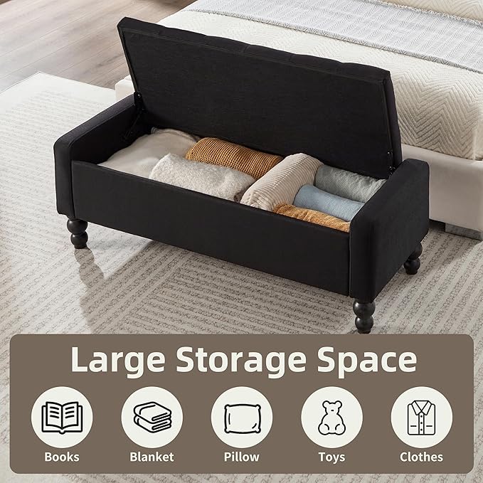 50" W Storage Ottoman Bench with Safety Hinge, Load up to 660 lb Ottoman with Storage, Upholstered Tufted Entryway Bench with Seating for Living Room, Bedroom, Entryway, Black