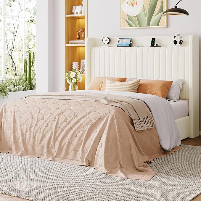 Allewie Full Size Lift Up Storage Bed Frame,Storage Shelf Headboard with Charging Station,Type-C and USB Ports,Hydraulic Support,Velvet Upholstered Bed Frame,No Box Spring Needed,Cream