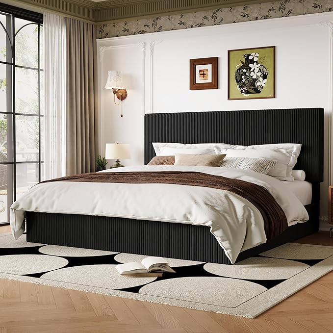 Allewie King Bed Frame, Upholstered Platform Bed, Adjustable Vertical Channel Tufted Headboard, Corduroy Fabric, Modern Low Profile, Wooden Slats, No Box Spring Needed, Easy Assembly, Black