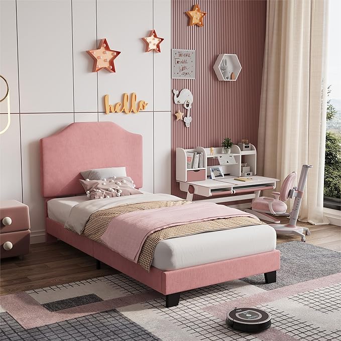 Twin Bed Frames, Corduroy Upholstered Twin Bed Frame with Cute Adjustable Headboard, Fabric with Strong Wooden Slats Support, No Box Spring Needed, Easy Assembly, Pink