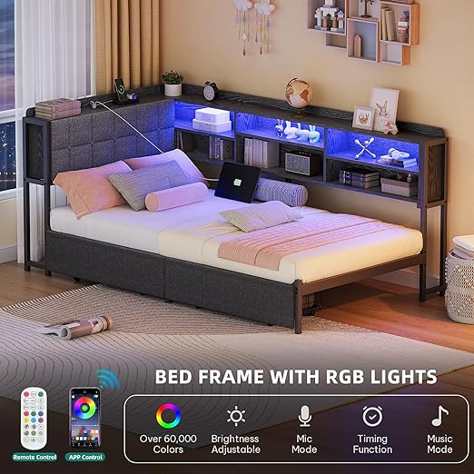 YITAHOME Twin Corner Bed Frame with Storage Drawers and Bookcase & Flip-up Storage Headboard, Twin Size Platform Corner Bed Frame with Charging Station and LED Lights, Twin Daybed for Dorm, Grey