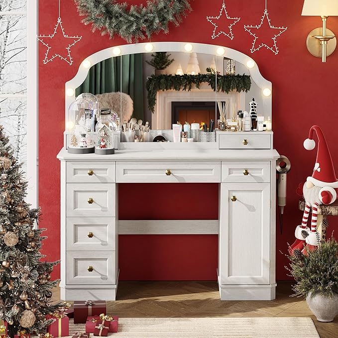Farmhouse Makeup Vanity Desk with Mirror and Lights, 47'' Vanity Table with 8 Storage Drawers 1 Cabinet & 2 Organizer Trays, Big Dressing Table with Charging for Bedroom Classic White