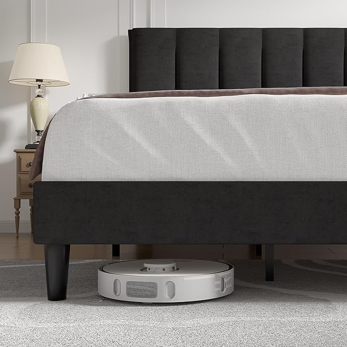 VECELO King Size Bed Frame with Upholstered Headboard, Heavy-Duty Bedframe with Strong Wooden Slats Support, No Boxing Spring Needed, Velvet & Black