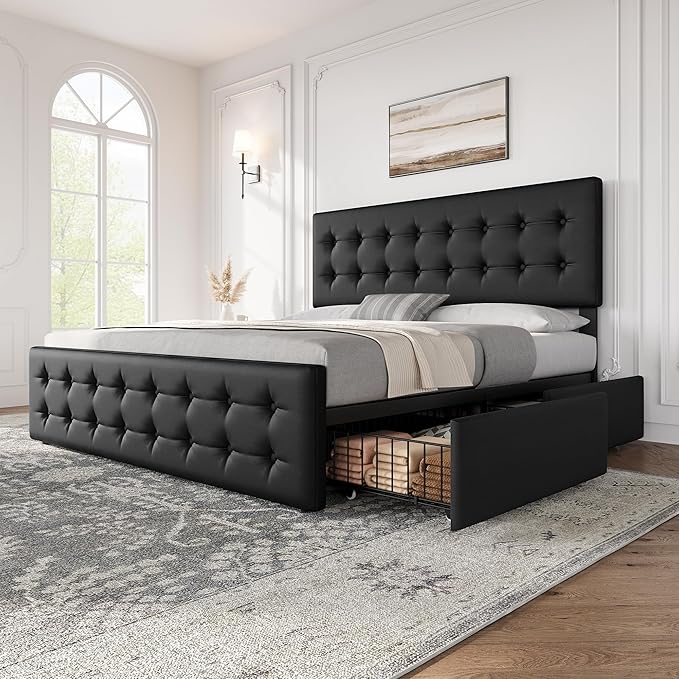 IDEALHOUSE King Size Bed Frame with 4 Storage Drawers and Headboard, Faux Leather Upholstered Platform Bed Frame with Wooden Slats Support, Button Tufted Design, No Box Spring Needed, Black