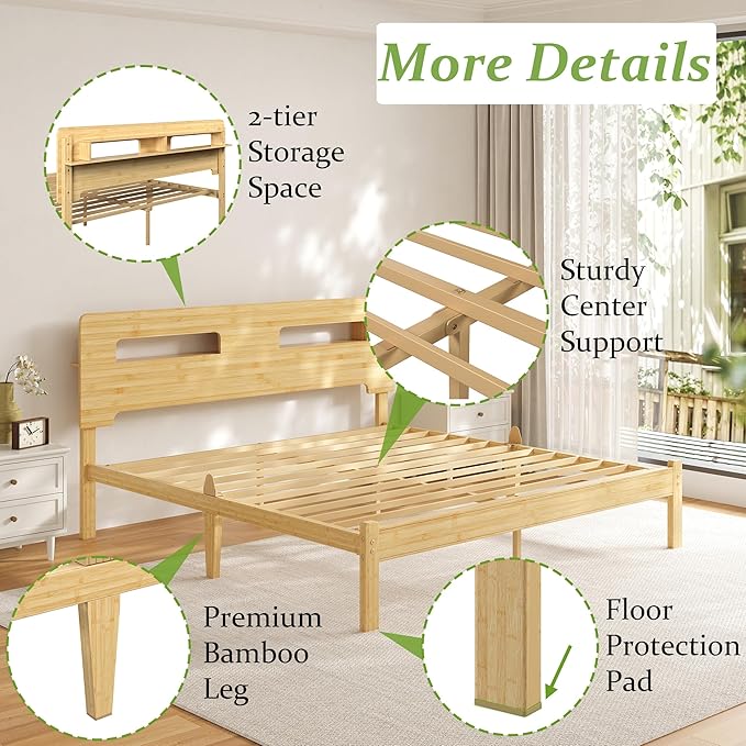 ZIYOO King Size Platform Bed Frame 12 Inch, Natural Bamboo Frame with Middle Iron Slats, Sturdy & Quiet Bed Base for Mattress, Tool-Free Assembly Bedroom Furniture