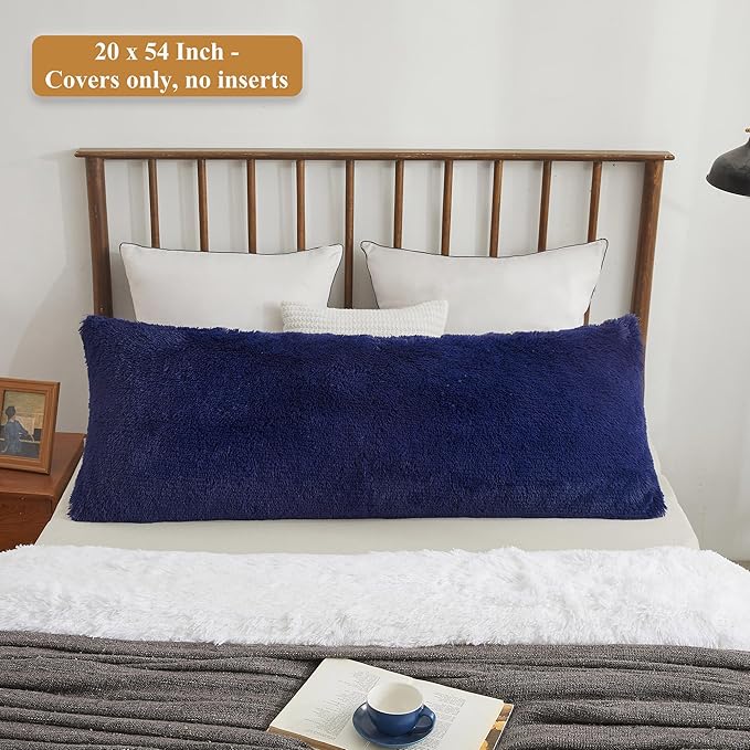 XeGe Luxury Shaggy Faux Fur Body Pillow Cover, Fluffy Bed Pillowcase with Zipper Closure, Soft Decorative Plush Fuzzy Long Pillow Sham for Home Living Room 20"x54" Navy Blue
