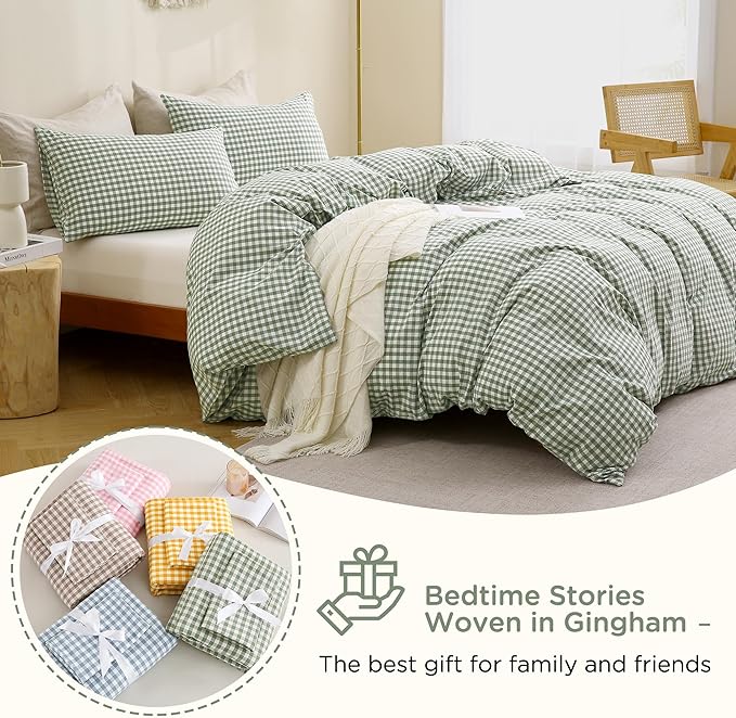 TOCOMOA Green Gingham Duvet Cover Bedding Set 100% Washed Cotton Like Linen Feel Super Soft Comfortable 3 Piece Plaid Checkered Comforter Cover Set (California King 104"x98", Comforter Not Included)