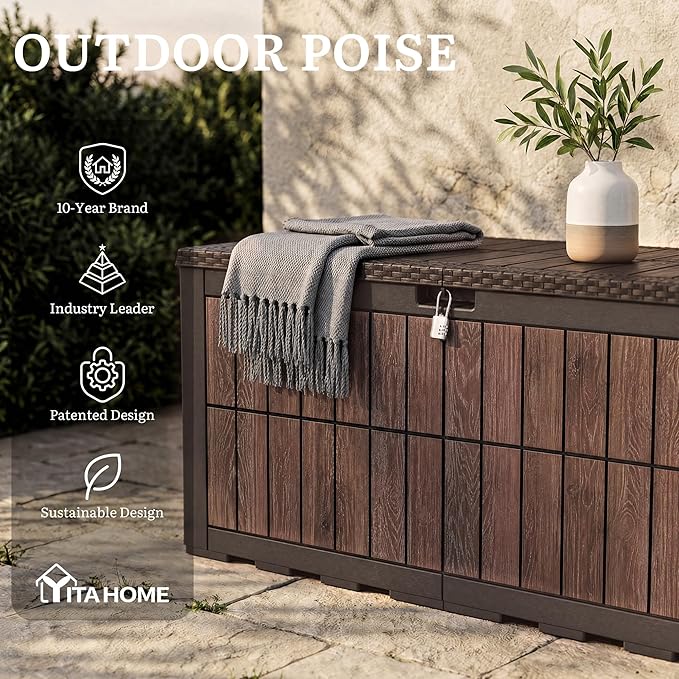 YITAHOME 134 Gallon Large Deck Box, Waterproof Resin Outdoor Storage Box with Lock, Doubles as Bench Seating for Patio Furniture Cushion, Garden Tools &Pool Accessories, Dark Brown & Wood-Grain Brown