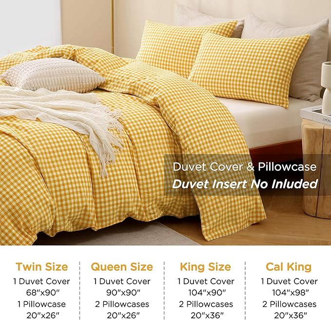 TOCOMOA Yellow Gingham Duvet Cover Bedding Set 100% Washed Cotton Like Linen Feel Super Soft Comfortable 3 Piece Vintage Plaid Checkered Comforter Cover Set (Queen 90"x90", Comforter Not Included)