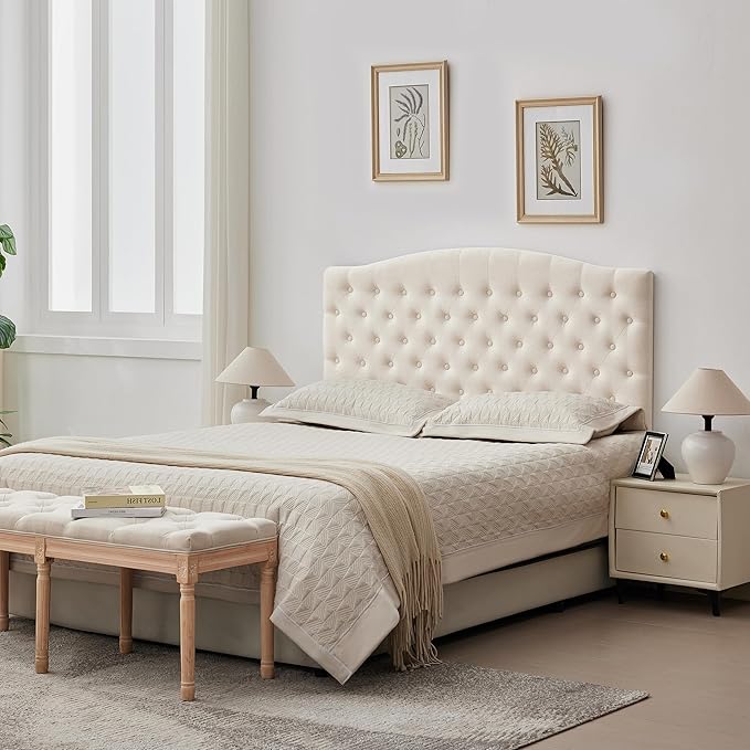 Tufted Upholstered Tall Headboard Queen Size, Sturdy and Durable Solid Wood Bed headboards, Comfortable Linen Fabric Queen Headboard Only, Modern Luxury Button Diamond Design Head Board, Beige