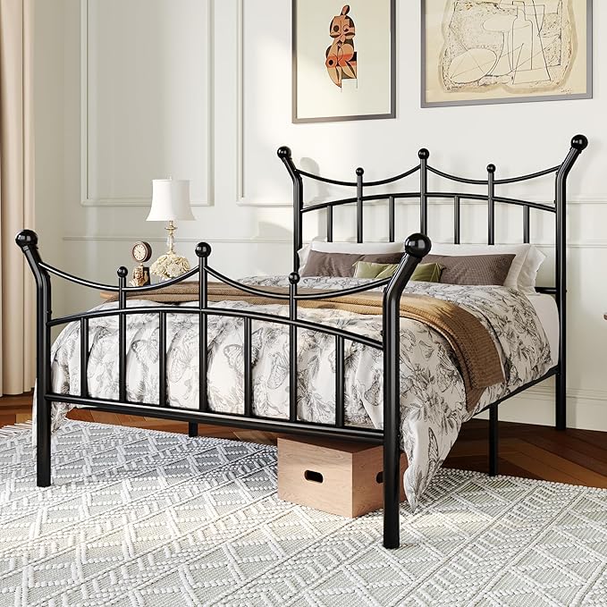 Allewie 14 Inches Twin Size Metal Platform Bed Frame with Elegant Crown Iron-Art Headboard & Footboard, Sturdy Mattress Foundation with Under-Bed Storage, Easy Assembly, No Box Spring Needed, Black