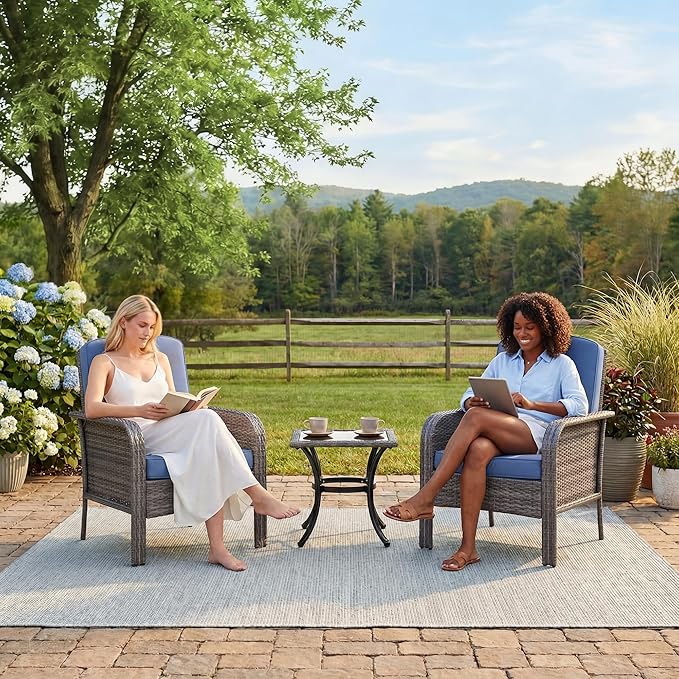 GarveeHome Outdoor Wicker Chairs Set of 2, All-Weather High Back Rattan Patio Furniture, 2-Piece Conversation Set with Comfy Cushions for Porch, Deck (Gray, Blue Cushion)