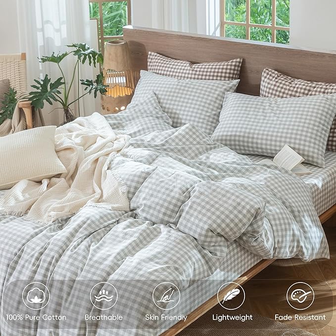 MooMee Gingham Duvet Cover Set 100% Washed Cotton Linen Like Textured Breathable Durable Soft Comfy Modern Checkered Design (Northern Droplet Grey Gingham, Super Queen 90"x98")