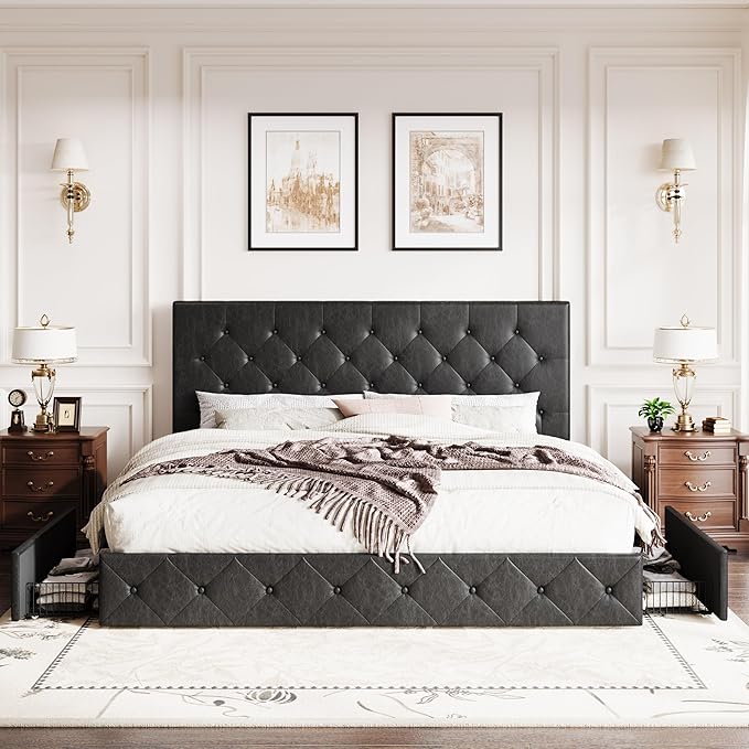 SHA CERLIN Upholstered King Platform Storage Bed Frame with 4 Drawers, Adjustable Headboard with Faux Leather Diamond Button Tufted Design, Wooden Slat Support, No Box Spring Needed, Black