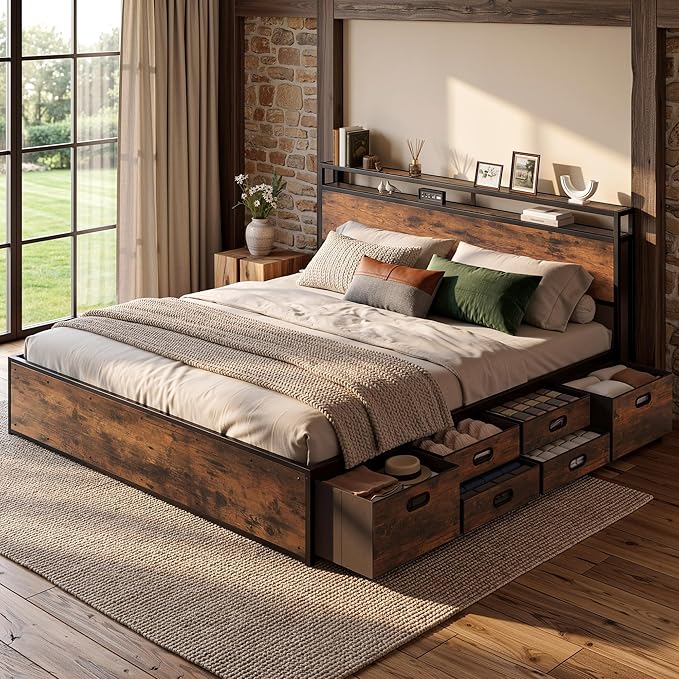 LIKIMIO King Bed Frame with 12 Fabric Storage Drawers, Industrial Platform Bed Frame with Headboard, No Box Spring Needed, Sturdy Metal Slat Support, Rustic Brown, Noise-Free, Easy Assembly
