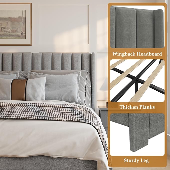 GAOMON Full Size Upholstered Platform Bed Frame with 2 Under-Bed Storage Drawers, Velvet Wingback Headboard, No Box Spring Needed, Sturdy & Noise-Free, Grey