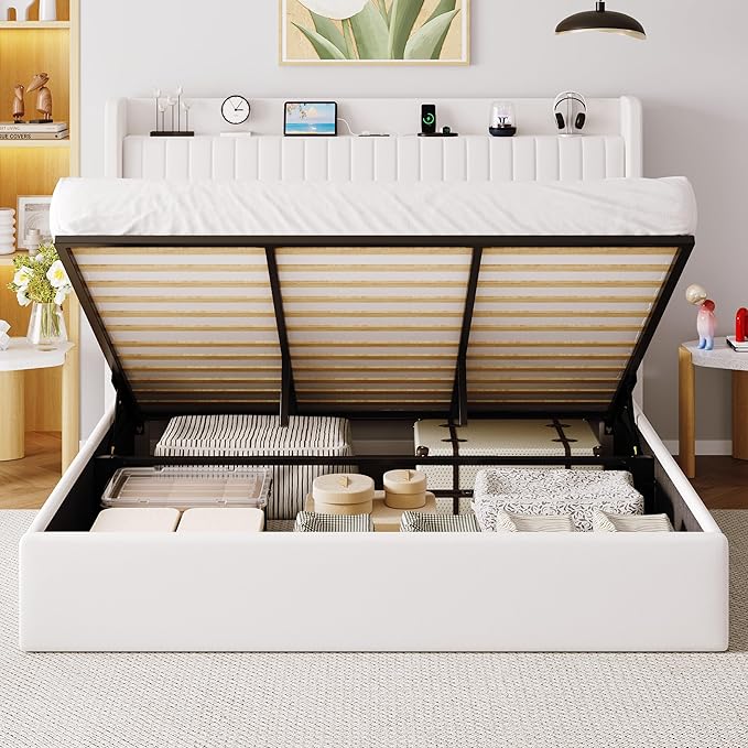 Allewie King Size Lift Up Storage Bed Frame,Storage Shelf Headboard with Charging Station,Type-C and USB Ports,Hydraulic Support,Velvet Upholstered Bed Frame,No Box Spring Needed,White