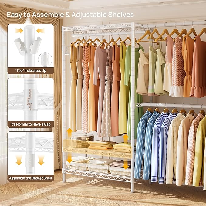 Golpart Heavy Duty Garment Rack Clothes Rack,Large Metal Closet Organizer System Storage Wardrobe,Freestanding Clothing Rack with 9 Adjustable Wire Shelves&3 Hang Rods,MaxLoad 1500lbs White