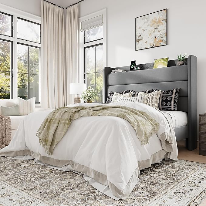 Allewie Full Size Upholstered Bed Frame with Charging Station & Storage Headboard, Soft Velvet Wingback Platform Bed, Strong Wooden Slats Support, No Box Spring Needed, Easy Assembly, Light Grey