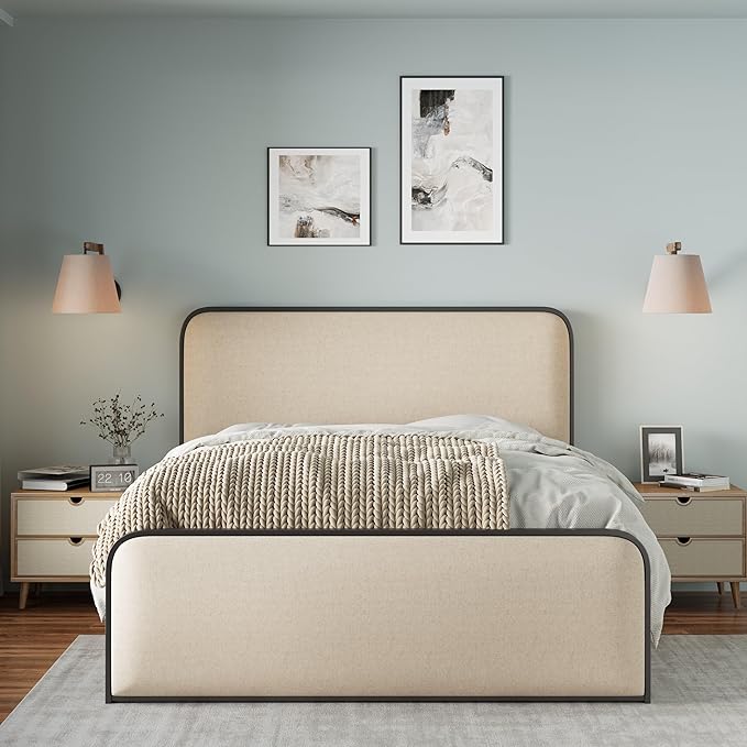 Merax Metal Platform Bed King Size with Curved Upholstered Headboard and Footboard, King Bed Frame with 8" Storage Space Under Bed, Heavy Duty Metal Slats, No Box Spring Needed, Easy Assembly, Beige