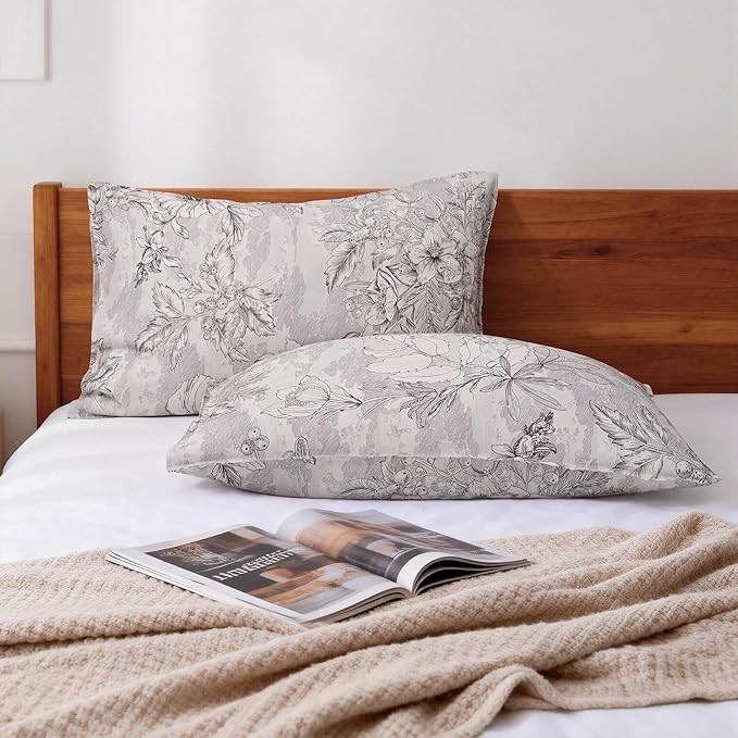 CHUFFED 100% French Linen Pillow Cases Sketch Floral Print, Farmhouse Floral Stone Washed Pillow Shams with Envelope Closure Soft Breathable Vintage Pillow Covers for Decor,20x36 inches