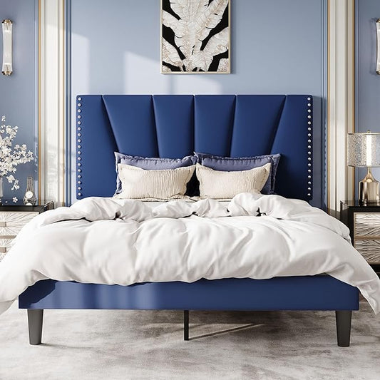 SHA CERLIN Queen Size Bed Frame with Adjustable Upholstered Velvet Rivets Headboard, Sturdy Wooden Slats, Strong Platform Support for Mattress, No Box Spring Needed, Easy Assembly, Blue