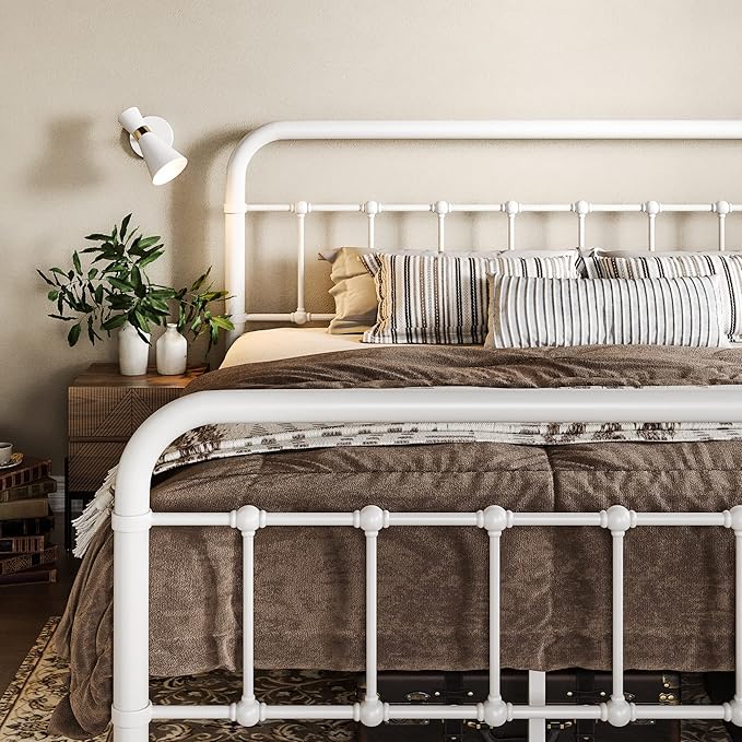 Allewie King Size Metal Platform Bed Frame with Victorian Style Wrought Iron-Art Headboard/Footboard, No Box Spring Required, White