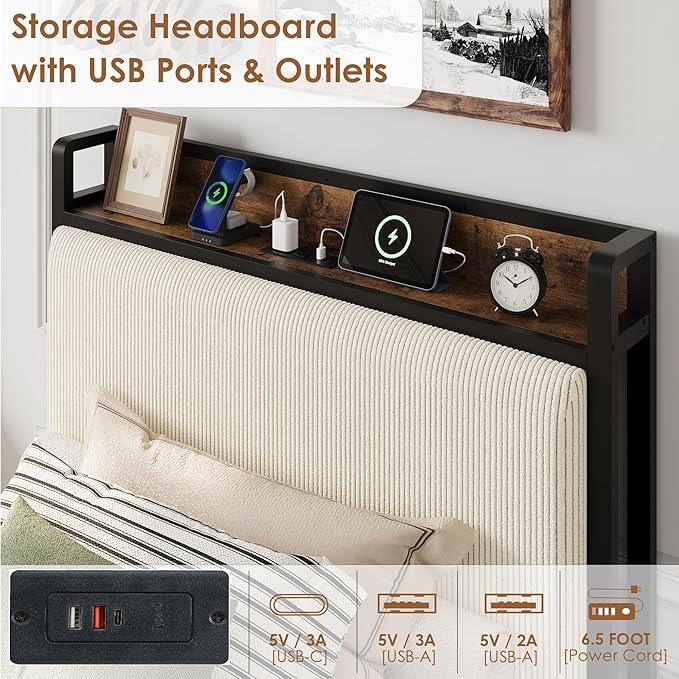 GAOMON Twin Size Bed Frame with 2 Storage Drawers and Charging Station, Rustic Velvet Upholstered Platform Bedframe with Storage Headboard, No Box Spring Needed, Easy Assembly, Noise Free, Beige