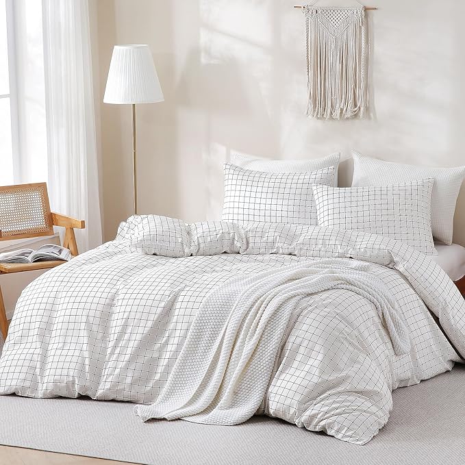 TOCOMOA Checkered Duvet Cover Set 100% Natural Cotton Soft Comfy Breathable 3 Piece White and Black Gingham Pattern Printed Comforter Cover Bedding Set (Queen 90"x90", Comforter Not Included)