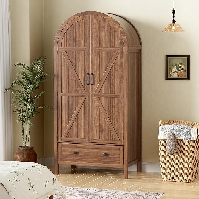 PAKASEPT Armoire Wardrobe Closet with Drawers and 2 Arched Fluted Doors, 70.9‘’ Tall Wooden Bedroom Armoires with LED Light & Shelves and Hanging Rod(Brown)