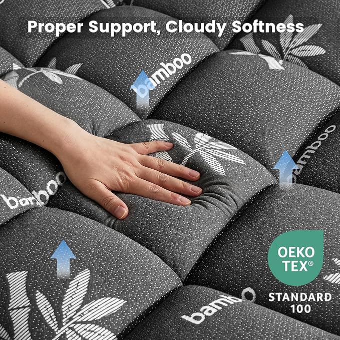 Mattress Topper Full Size - Viscose Made from Bamboo Pillow Top Mattress Pad with Deep Pockets - Soft Mattress Topper for Back Pain Relief(54"x75",Black)