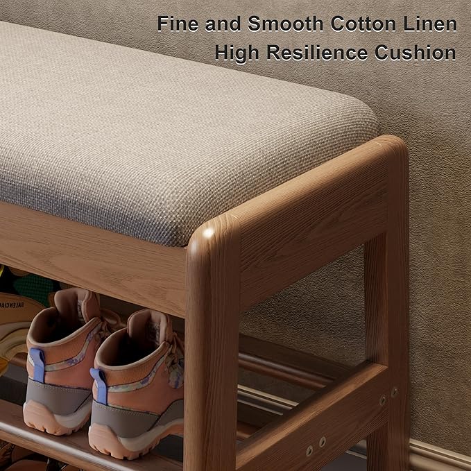AQIMUELE Shoe Rack Bench,2 Tiers Shoe Bench with Storage with Flip-Top,Wood Shoe Rack for Entryway,Hallway（Walnut Upholstered Seat,11.8" D x 23.62" W x 15.7" H）