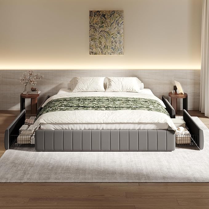 SHA CERLIN King Size Velvet Upholstered Platform Bed Frame with 4 Storage Drawers, Vertical Channel Tufted, Low Profile, Fits Standard Headboards, Wooden Slats Support, Easy Assembly, Grey