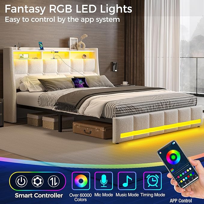 Rolanstar Queen Size Bed Frame with LED Lights and Charging Station, Upholstered Headboard with 2-Tier Storage Shelves, Heavy Duty Metal Frame, Noise-Free Support, Easy Assembly, No Box Spring Needed