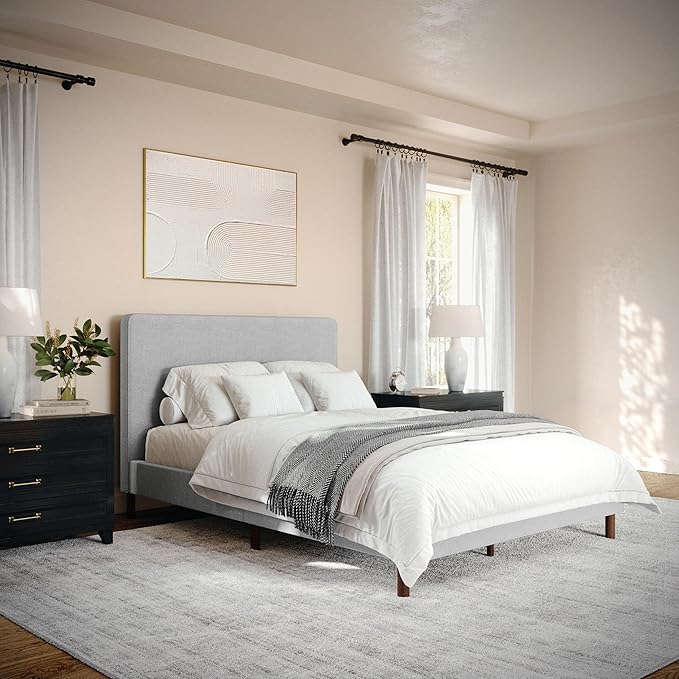 Martha Stewart Britta Platform Bed with Headboard & Footboard, Faux Linen Upholstery with Piping Detail, Rounded Headboard, No Box Spring Needed, Full, Gray