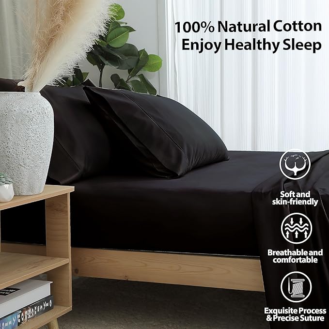 2-Pack Pure Cotton Fitted Sheet Full Size, 600 Thread Count 16" Deep Pocket Egyptian Cotton Fitted Sheet (2pcs, Full, Black)