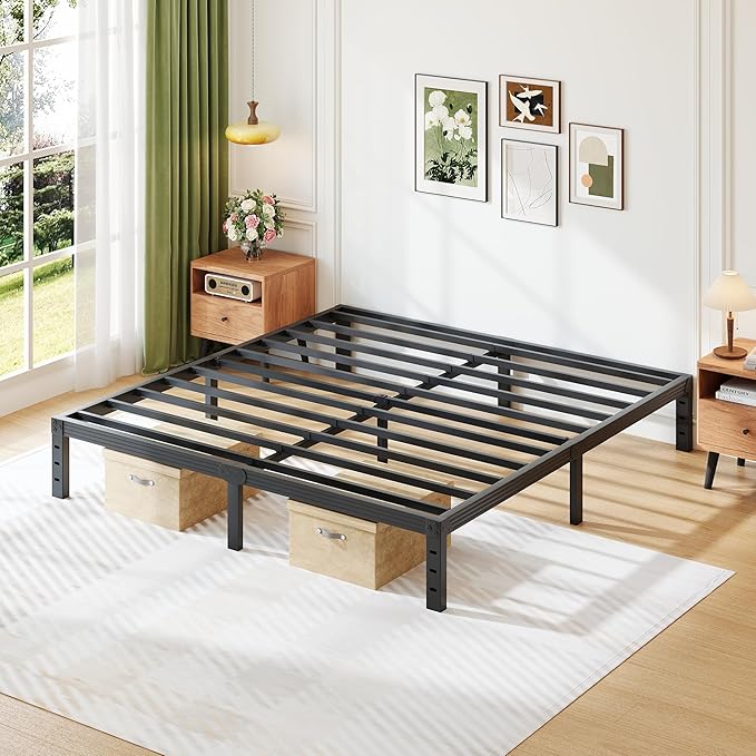Queen-Size Metal Bed-Frame No Box-Spring Needed,12-Inch Noise Free Black Platform-Bed Base, Easy Assembly,Heavy Duty Steel Slat Support Non Slip Mattress Foundation