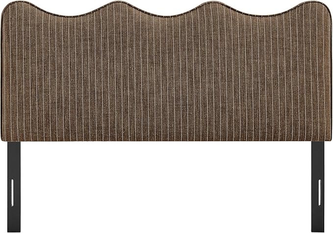 Monday Athena Striped Fabric Upholstered Full Size Adjustable Headboard in Earth Stripe - with Scalloped Wave Design and Soft Linen-Like Fabric