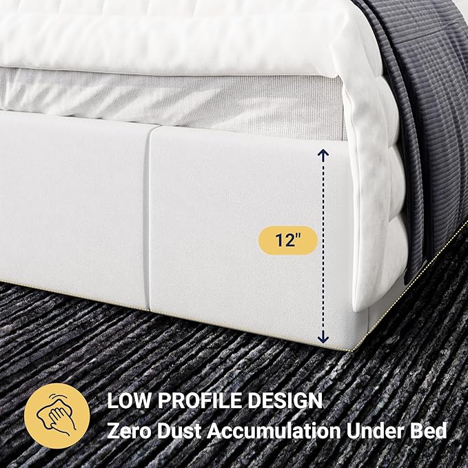 Allewie King Size Dutch Velvet Upholstered Platform Bed Frame/Vertical Channel Tufted Adjustable Headboard/Low Profile Bed Frame/No Box Spring Needed/Easy Assembly/White