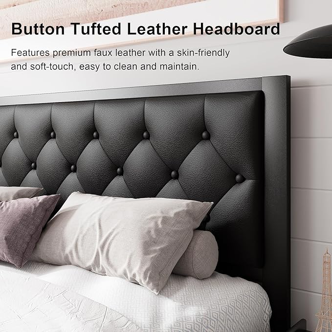 Feonase Queen Size Metal Bed Frame with Faux Leather Button Tufted Headboard, Heavy-Duty Platform Bed Frame with 12" Storage, Steel Slats Support, No Box Spring Needed, Noise Free, Matte Black