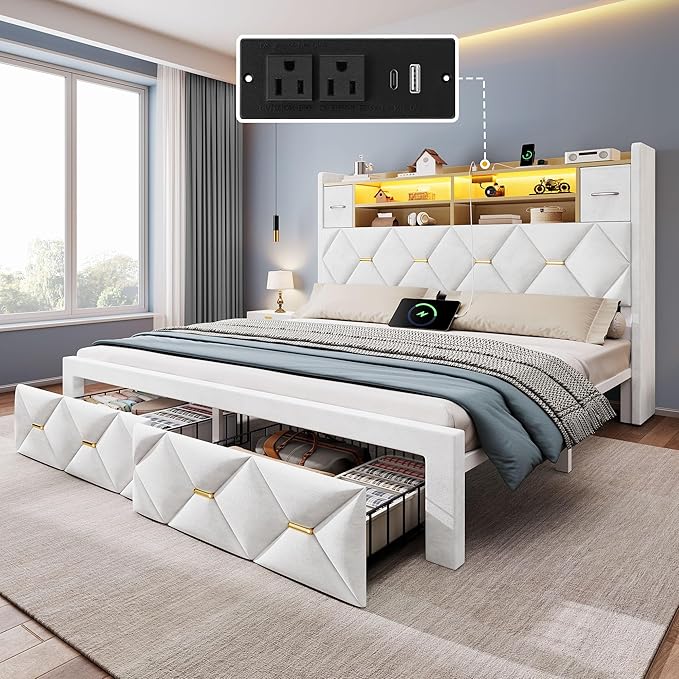 YITAHOME Queen Size Bed Frame with 2 Storage Drawers and Storage Headboard, Upholstered Platform with Charging Station and LED Light, No Box Spring Needed, Noise Free, Easy Assembly, Velvet White