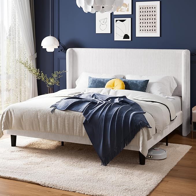 Allewie King Size Bed Frame with Upholstered Wingback Headboard, Vertical Channel Tufted Corduroy Velvet Platform Bed, Strong Wooden Slats Support, No Box Spring Needed，Easy Assembly, No Squeak, White