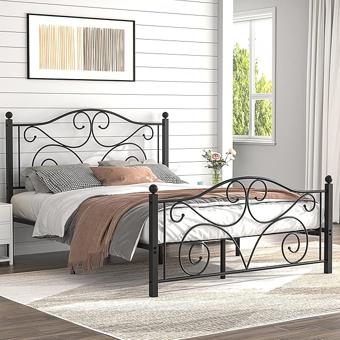 VECELO Queen Size Bed Frame with Headboard and Footboard, Heavy Duty Metal Slat Support, Platform Mattress Foundation, No Box Spring Needed, Easy Assembly, Dark Black