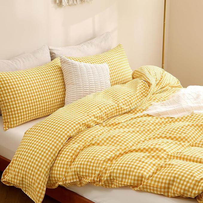 TOCOMOA Yellow Gingham Duvet Cover Bedding Set 100% Washed Cotton Like Linen Feel Super Soft Comfortable 3 Piece Vintage Plaid Checkered Comforter Cover Set (Queen 90"x90", Comforter Not Included)