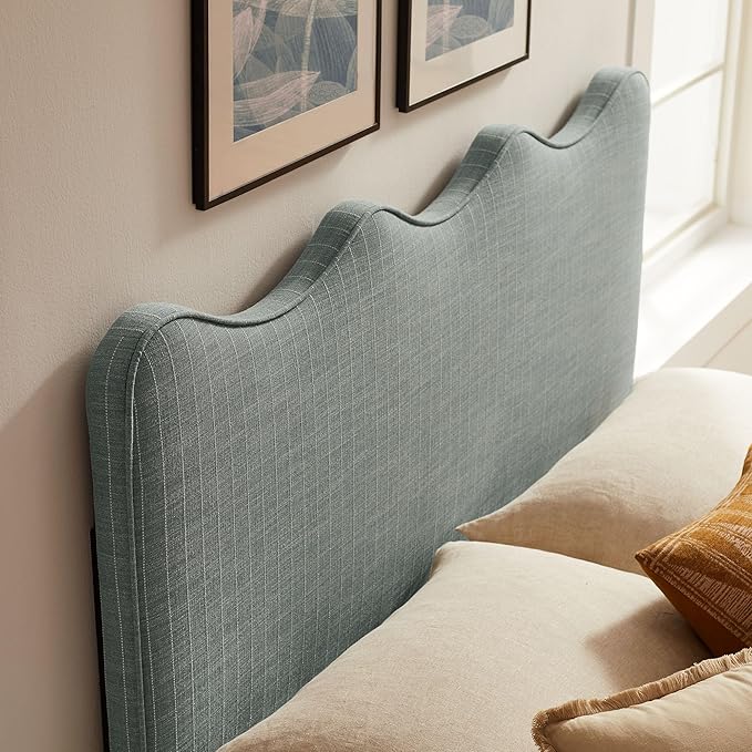 Monday Athena Striped Fabric Upholstered Full Size Adjustable Headboard in Spa Blue Stripe - with Scalloped Wave Design and Soft Linen-Like Fabric