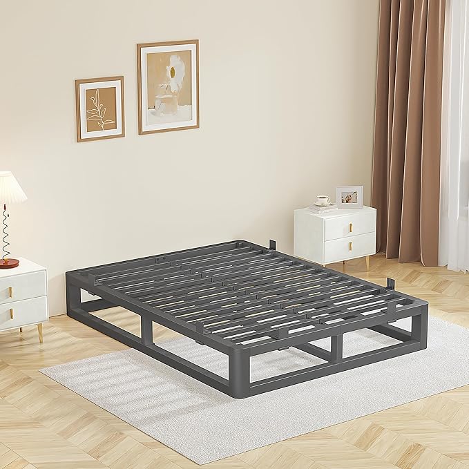 10 Inch Queen Bed Frame with Rounded Corner and Squeak Free U-Slot Design, Metal Platform Bed Frames 6 Non-Slip Mattress Grippers, 3500lbs Heavy Duty Steel Slat Support, No Box Spring Needed