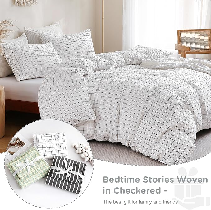 TOCOMOA Checkered Duvet Cover Set 100% Natural Cotton Soft Comfy Breathable 3 Piece White and Black Gingham Pattern Printed Comforter Cover Bedding Set (Queen 90"x90", Comforter Not Included)