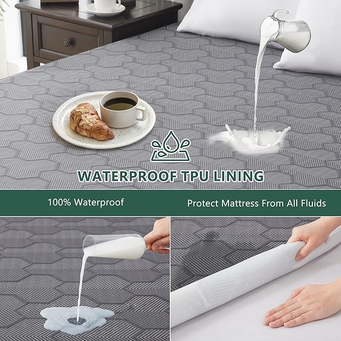 Twin Size Waterproof Mattress Protector, 40% Rayon Derived from Bamboo Grey Mattress Pad Cover, 3D Air Fabric Breathable Mattress Pad Fitted with Deep Pocket 6"- 15" Machine Washable